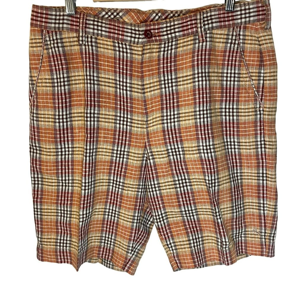 Tommy Bahama Relax 100% Linen Plaid Shorts Men Size 36 Orange Flat Front Preppy